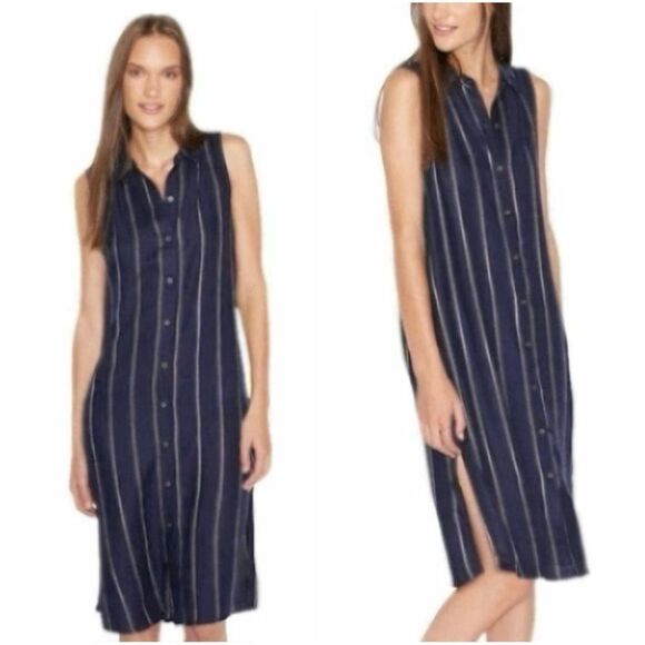 Lumiere Soft Woven Midi Shirtdress in Navy Stripe - Picture 1 of 10